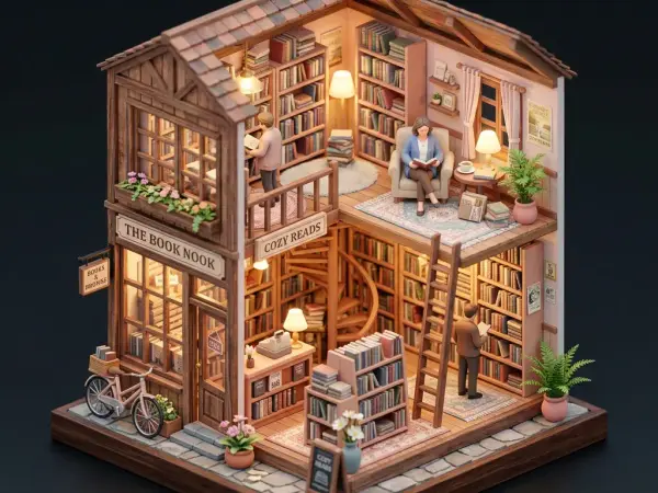 Isometrisches Miniatur-Diorama eines Buchladens