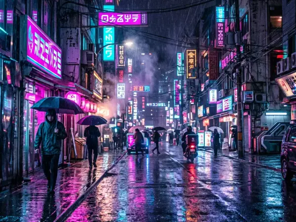 Regennasse Straße bei Nacht in Magenta und Cyan