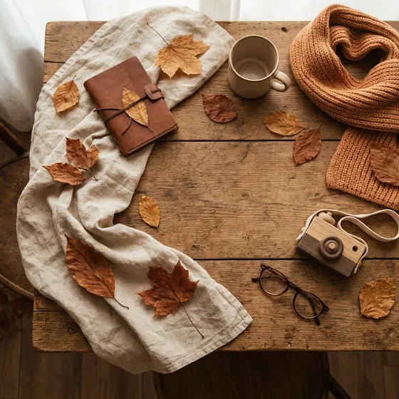Herbstliches Flatlay mit Blättern und Leinentuch