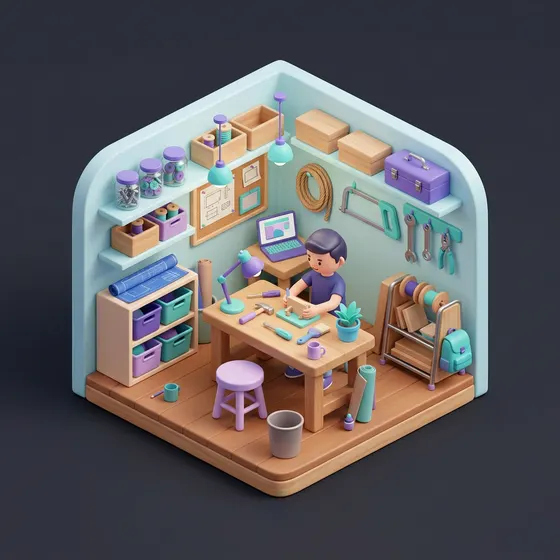Isometrische 3D-Illustration einer kleinen Werkstatt